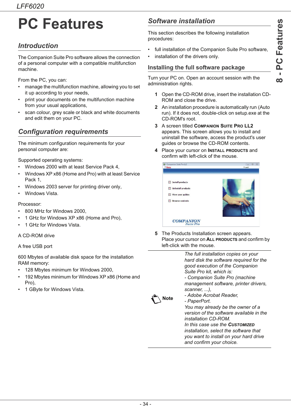 Pc features, Introduction, Configuration requirements | Software installation, Installing the full software package, Introduction 34 configuration requirements, 8 - pc featu res, Lff6020 | Philips LFF6020W User Manual | Page 38 / 56