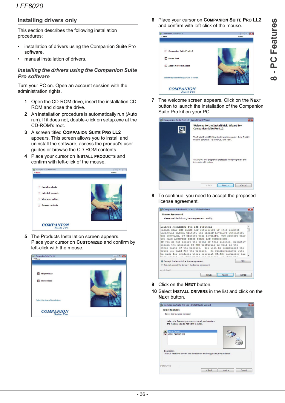 Installing drivers only, Installing the drivers using the, Companion suite pro software | 8 - pc featu res, Lff6020 | Philips LFF6020W User Manual | Page 40 / 56