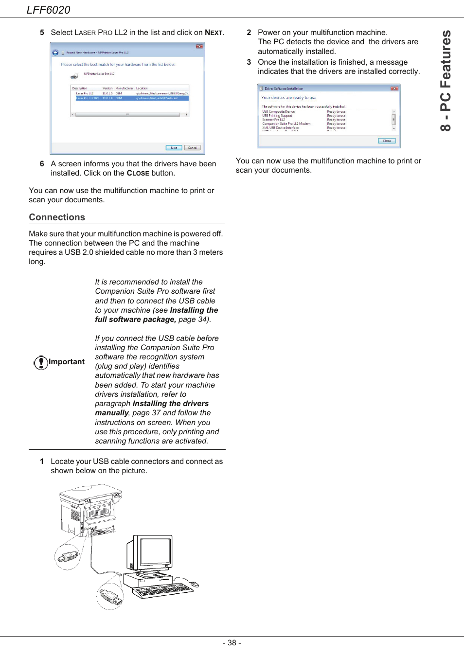 Connections, Connections 38, 8 - pc featu res | Lff6020 | Philips LFF6020W User Manual | Page 42 / 56