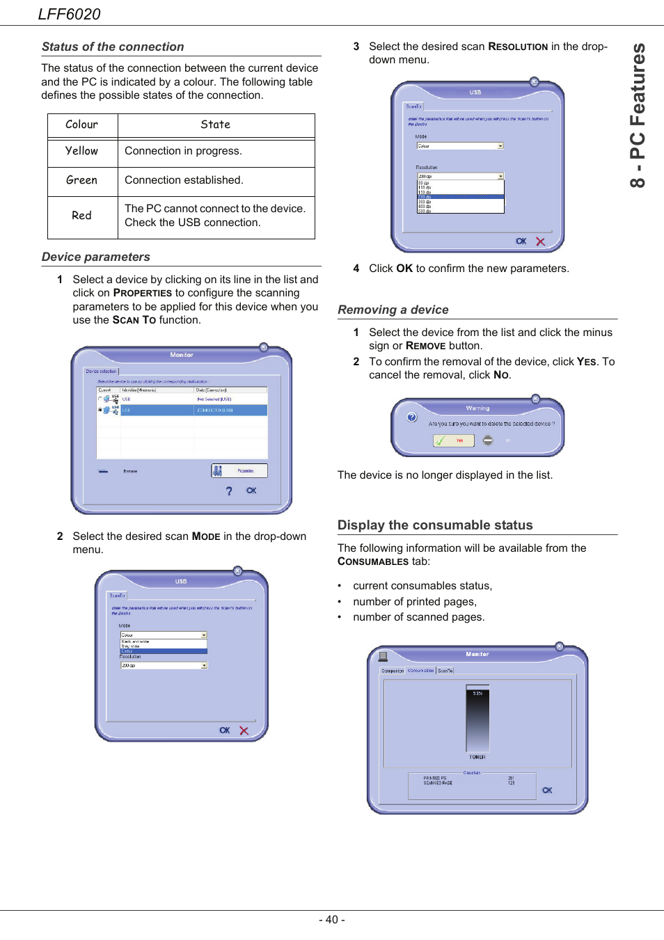 Status of the connection, Device parameters, Removing a device | Display the consumable status, 8 - pc featu res, Lff6020 | Philips LFF6020W User Manual | Page 44 / 56