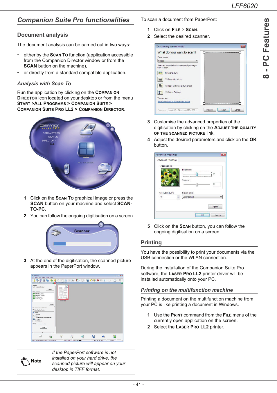 Companion suite pro functionalities, Document analysis, Analysis with scan to | Printing, Printing on the multifunction machine, Printing 41, 8 - pc featu res, Lff6020 | Philips LFF6020W User Manual | Page 45 / 56