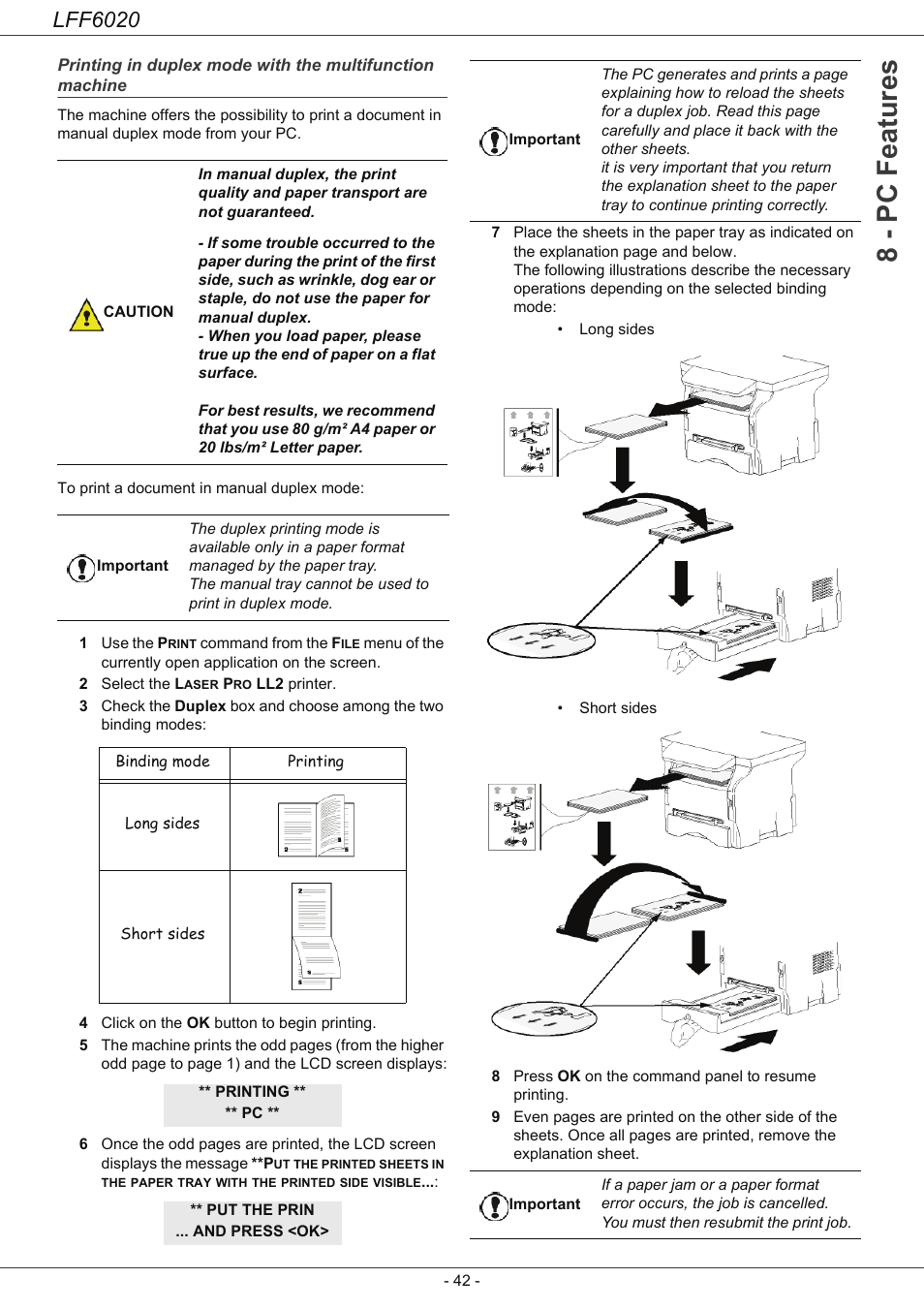 Printing in duplex mode with the, Multifunction machine, 8 - pc featu res | Lff6020 | Philips LFF6020W User Manual | Page 46 / 56