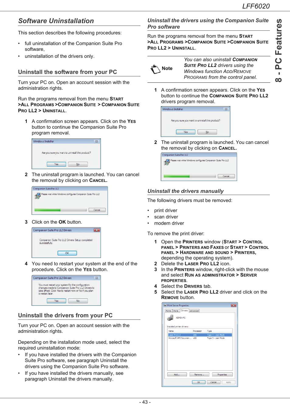 Software uninstallation, Uninstall the software from your pc, Uninstall the drivers from your pc | Uninstall the drivers manually, Uninstall the drivers using the, Companion suite pro software, 8 - pc featu res, Lff6020 | Philips LFF6020W User Manual | Page 47 / 56