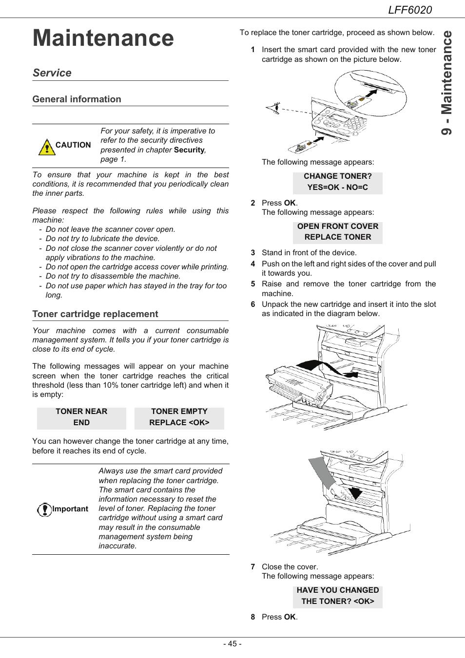 Maintenance, Service, General information | Toner cartridge replacement, Maintenance 45, Service 45, 9 - maintenance, Lff6020 | Philips LFF6020W User Manual | Page 49 / 56