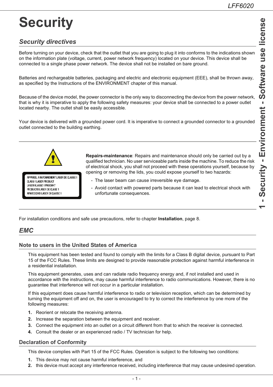 Security, Security directives, Note to users in the united states of america | Declaration of conformity, Security 1, Emc 1, Note to users in the united states, Of america, 1 - security - environment - software use license, Lff6020 | Philips LFF6020W User Manual | Page 5 / 56