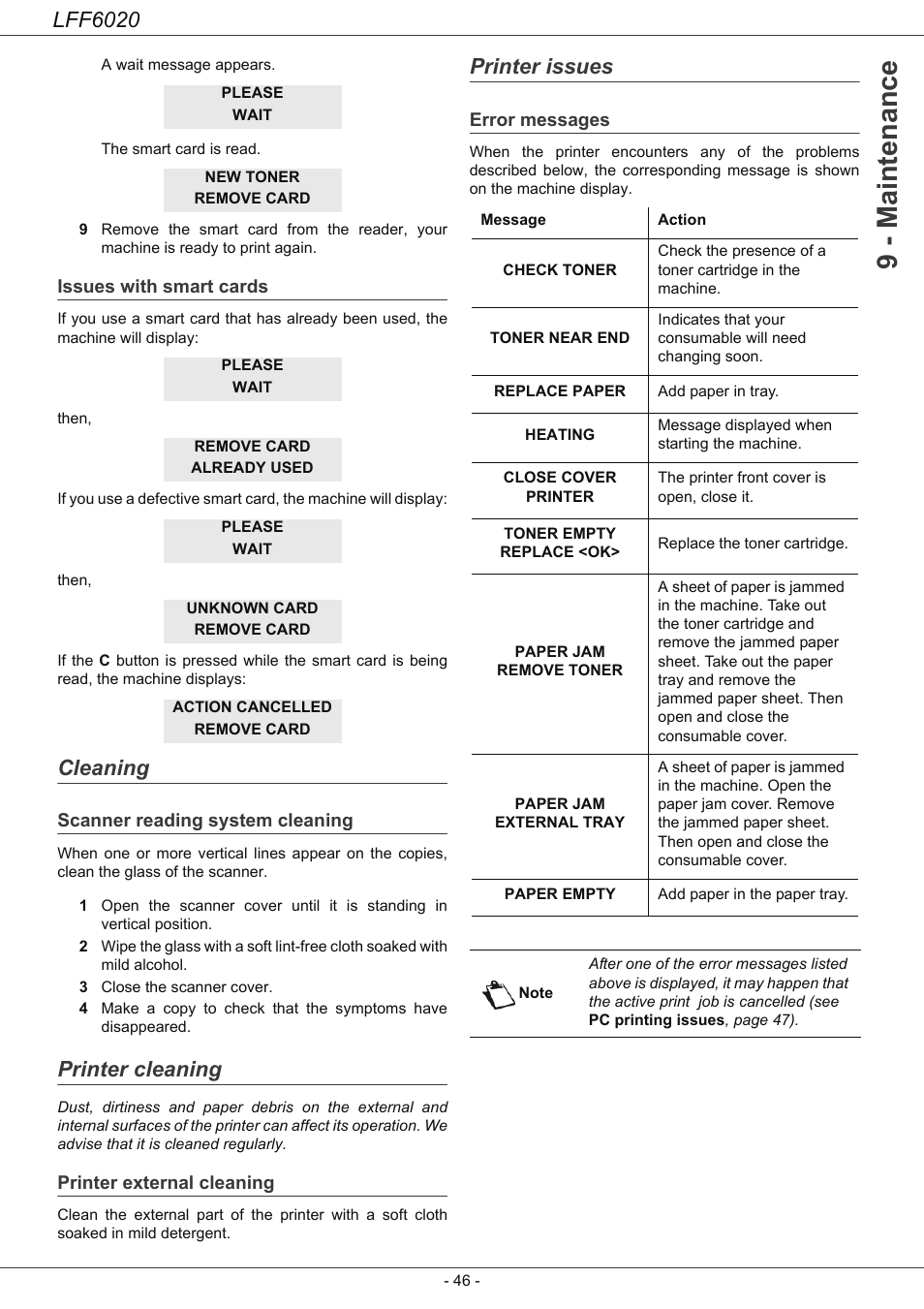 Issues with smart cards, Cleaning, Scanner reading system cleaning | Printer cleaning, Printer external cleaning, Printer issues, Error messages, Cleaning 46, 9 - maintenance, Lff6020 | Philips LFF6020W User Manual | Page 50 / 56