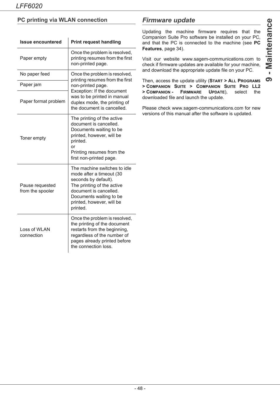 Pc printing via wlan connection, Firmware update, 9 - maintenance | Lff6020 | Philips LFF6020W User Manual | Page 52 / 56