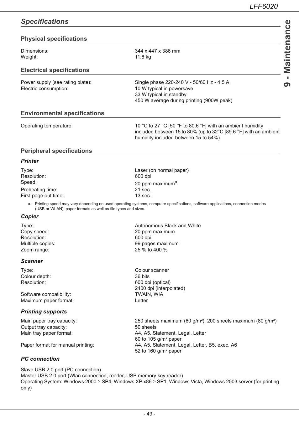 Specifications, Physical specifications, Electrical specifications | Environmental specifications, Peripheral specifications, Specifications 49, 9 - maintenance, Lff6020 | Philips LFF6020W User Manual | Page 53 / 56