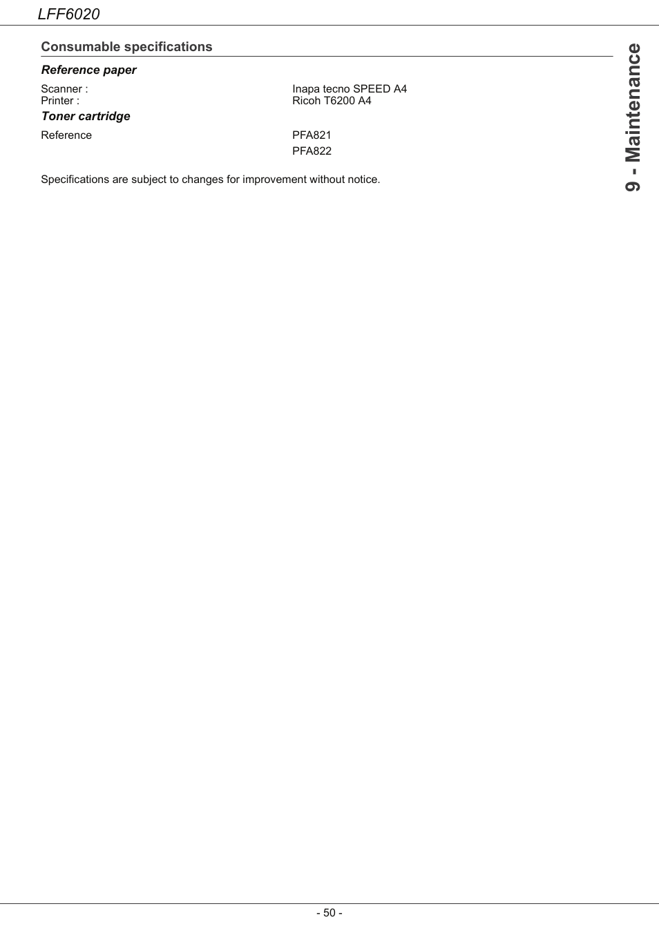 Consumable specifications, 9 - maintenance, Lff6020 | Philips LFF6020W User Manual | Page 54 / 56