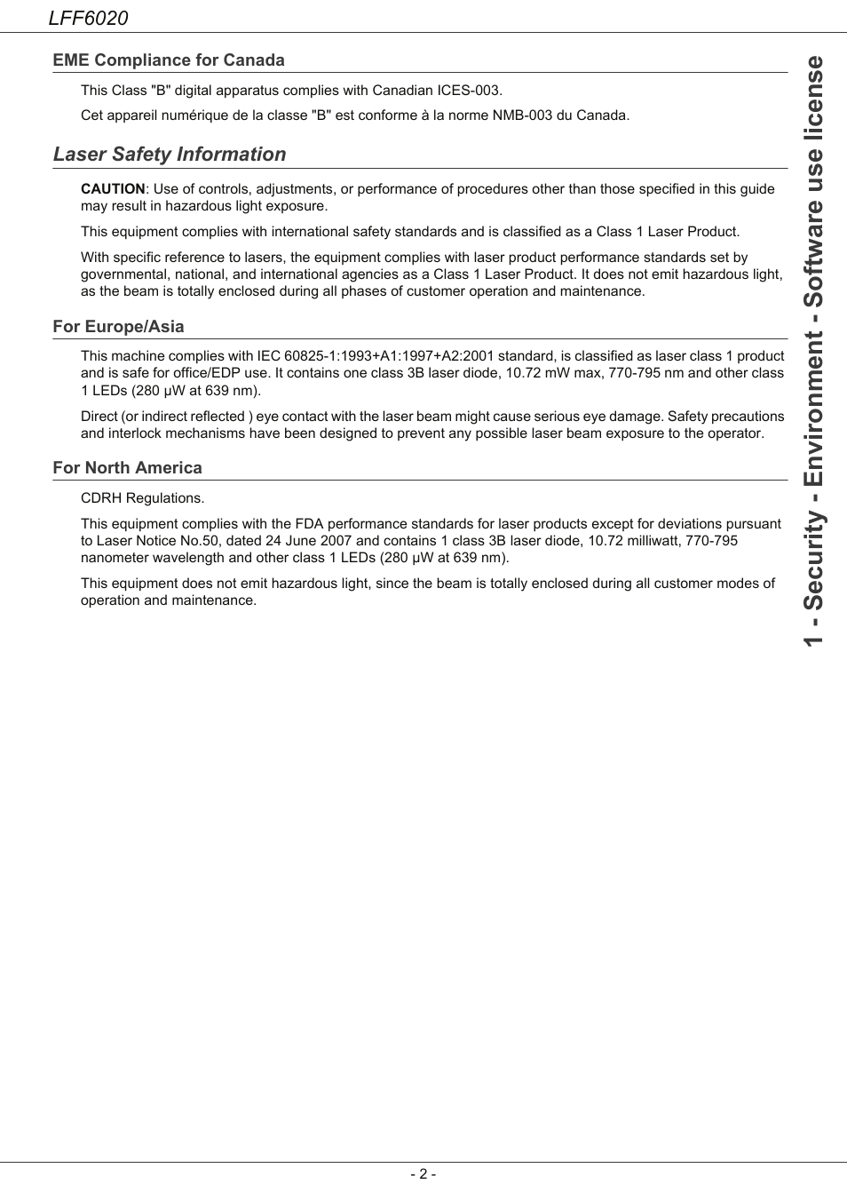 Eme compliance for canada, Laser safety information, For europe/asia | For north america, 1 - security - environment - software use license, Lff6020 | Philips LFF6020W User Manual | Page 6 / 56