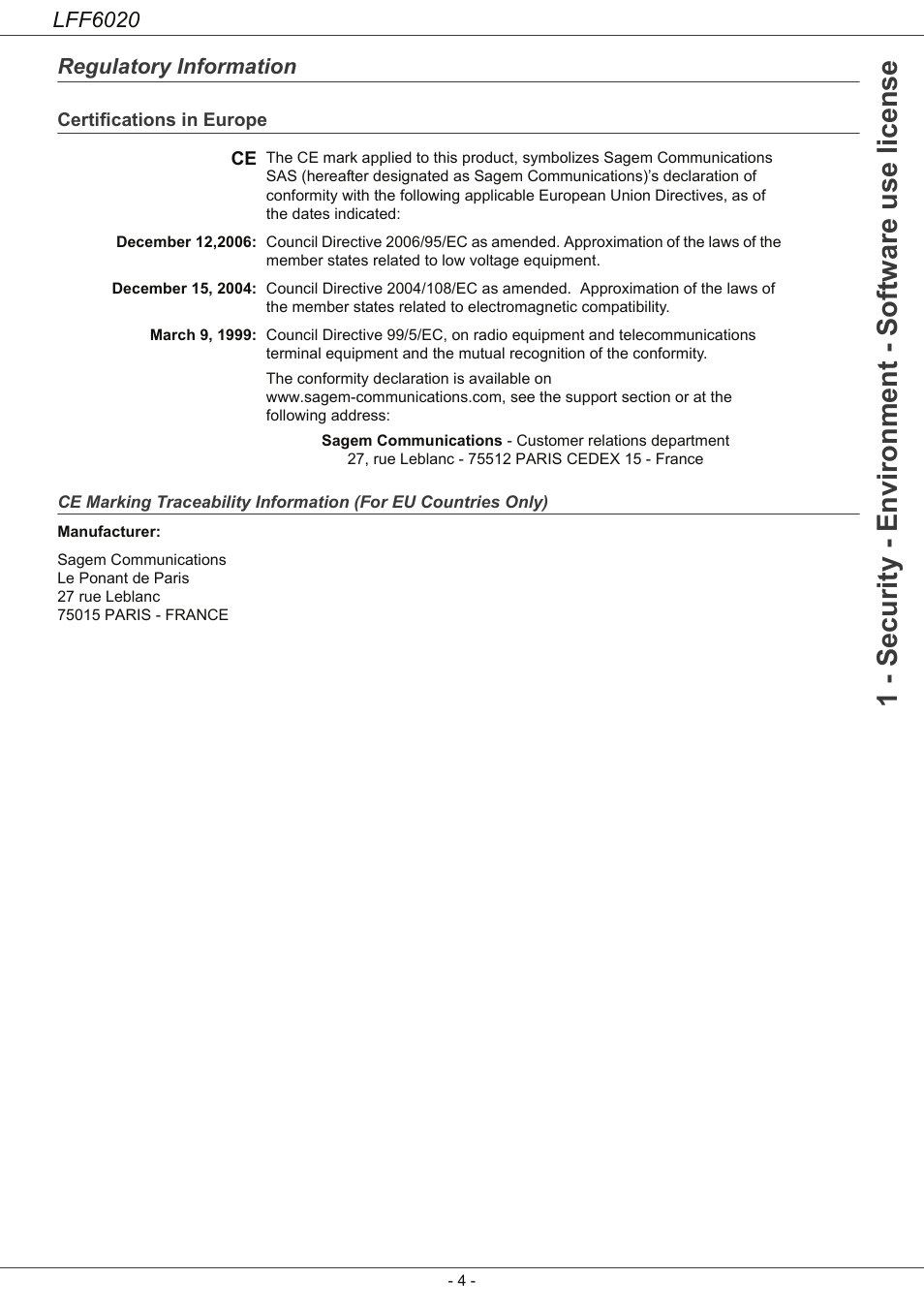 Regulatory information, Certifications in europe, Regulatory information 4 | Ce marking traceability information (for, Eu countries only), 1 - security - environment - software use license, Lff6020 | Philips LFF6020W User Manual | Page 8 / 56
