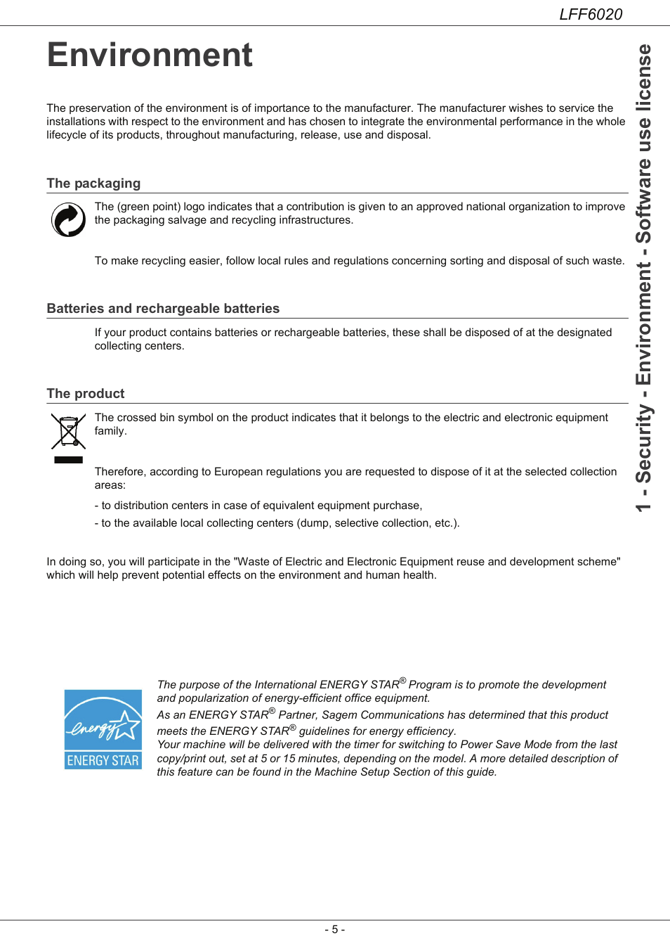 Environment, The packaging, Batteries and rechargeable batteries | The product, Environment 5, 1 - security - environment - software use license, Lff6020 | Philips LFF6020W User Manual | Page 9 / 56