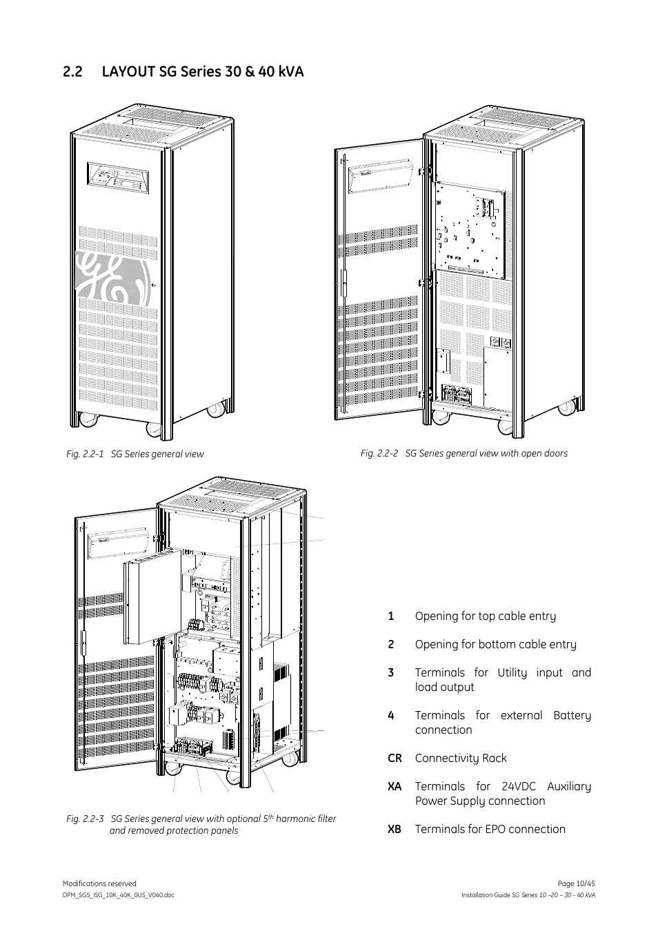 2 layout sg series 30 & 40 kva, Layout sg series 30 & 40 kva | GE Industrial Solutions SG Series 10 – 20 – 30 – 40 kVA Installation Guide User Manual | Page 10 / 45