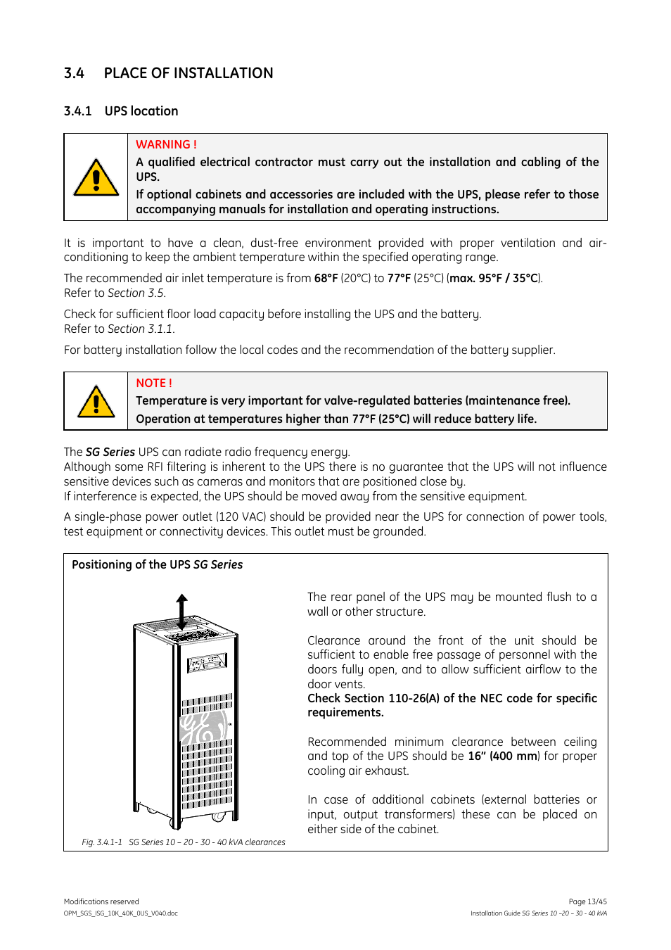 4 place of installation, 1 ups location, Place of installation | Ups location | GE Industrial Solutions SG Series 10 – 20 – 30 – 40 kVA Installation Guide User Manual | Page 13 / 45