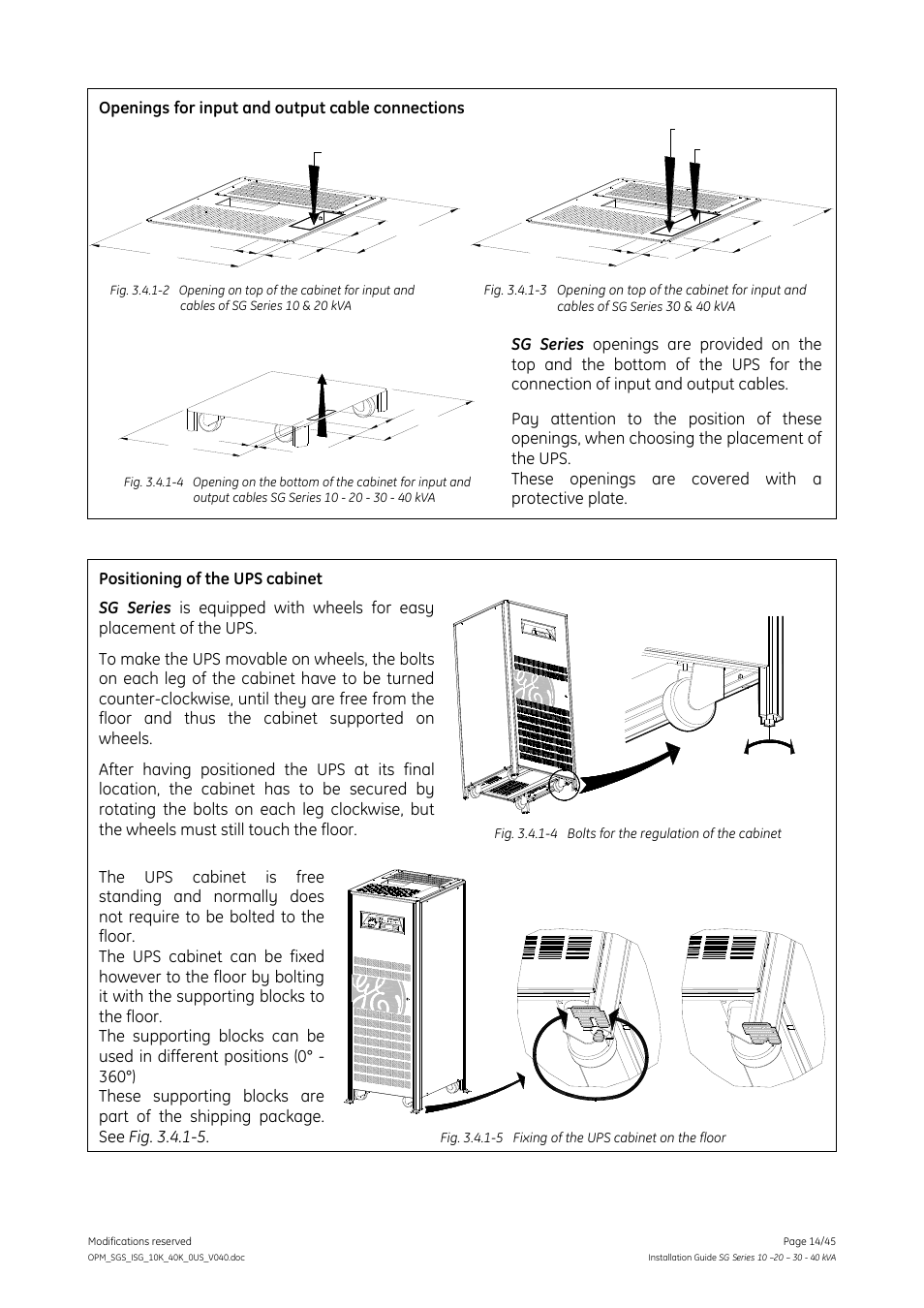 Openings for input and output cable connections, 30 & 40 kva, Sg series | GE Industrial Solutions SG Series 10 – 20 – 30 – 40 kVA Installation Guide User Manual | Page 14 / 45