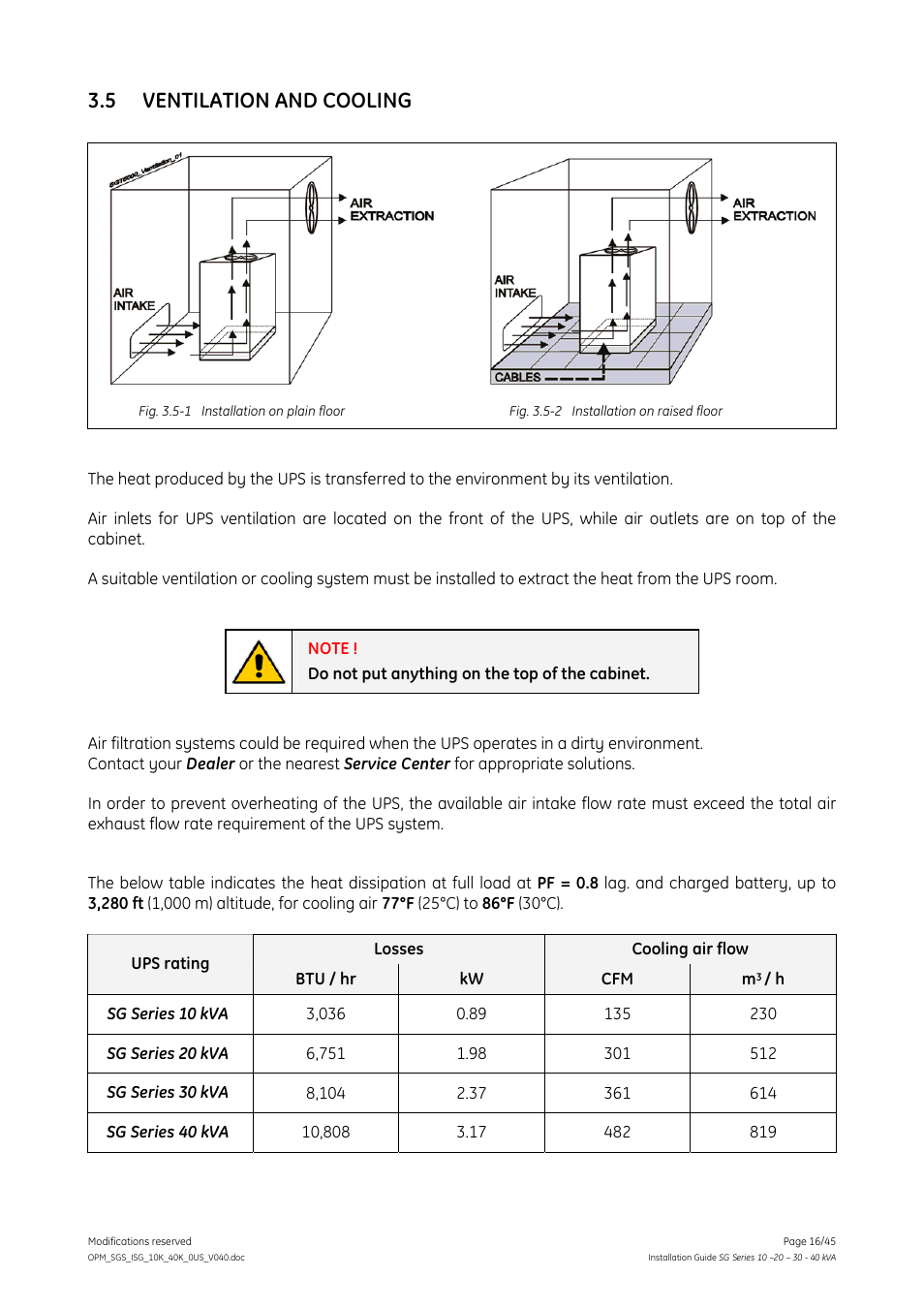 5 ventilation and cooling, Ventilation and cooling | GE Industrial Solutions SG Series 10 – 20 – 30 – 40 kVA Installation Guide User Manual | Page 16 / 45