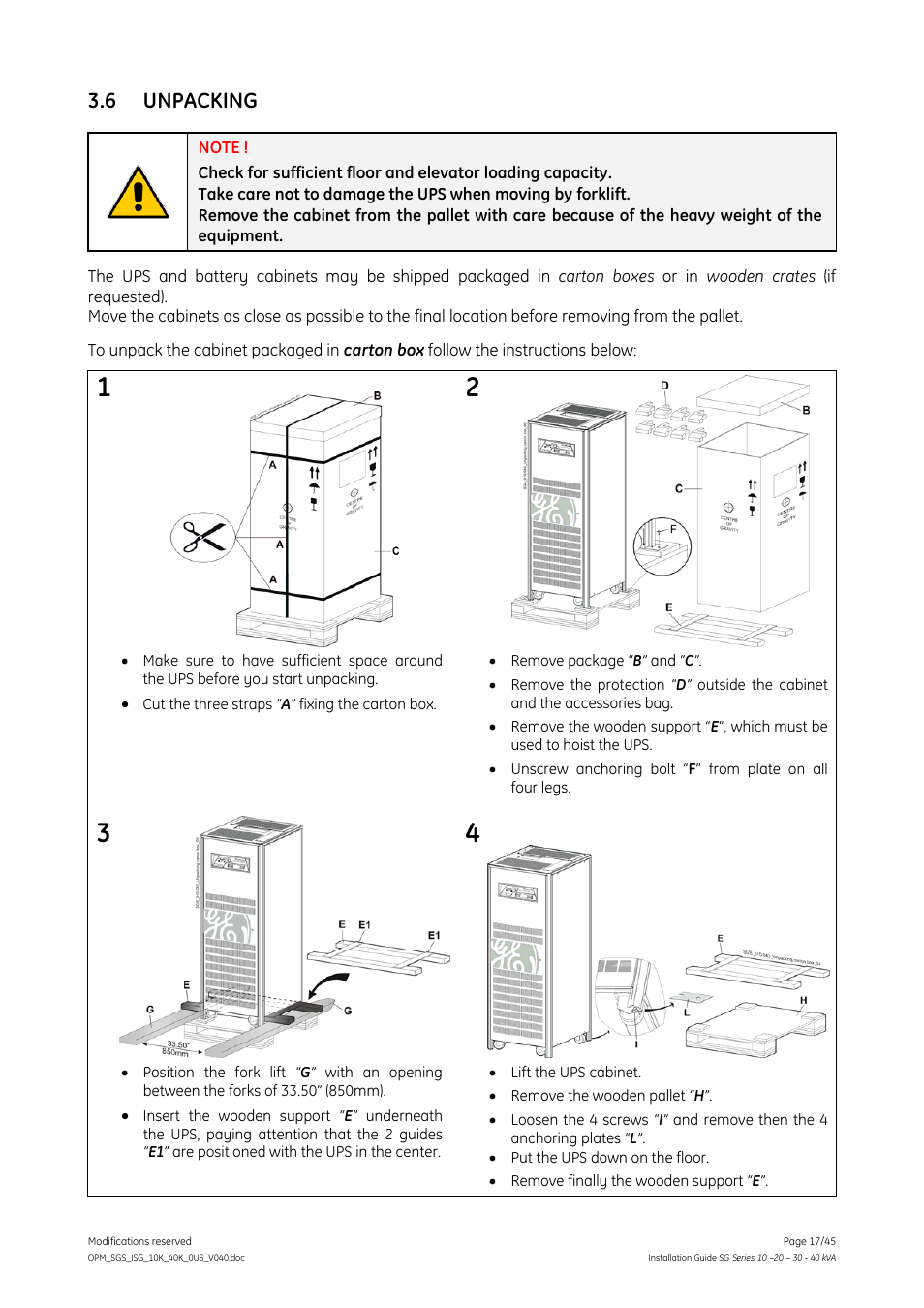 6 unpacking, Unpacking | GE Industrial Solutions SG Series 10 – 20 – 30 – 40 kVA Installation Guide User Manual | Page 17 / 45
