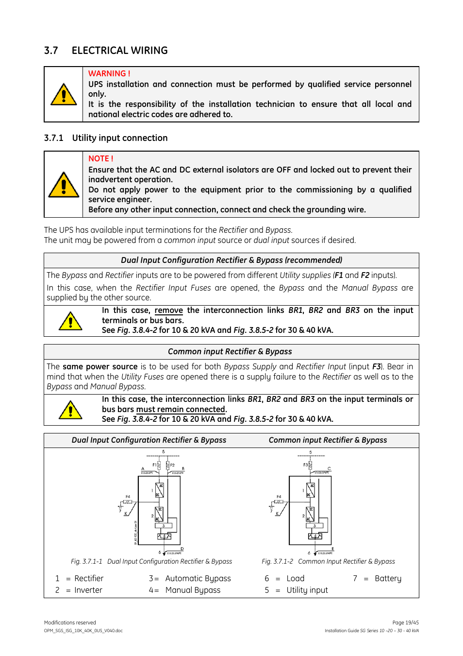 7 electrical wiring, 1 utility input connection, Electrical wiring | Utility input connection | GE Industrial Solutions SG Series 10 – 20 – 30 – 40 kVA Installation Guide User Manual | Page 19 / 45