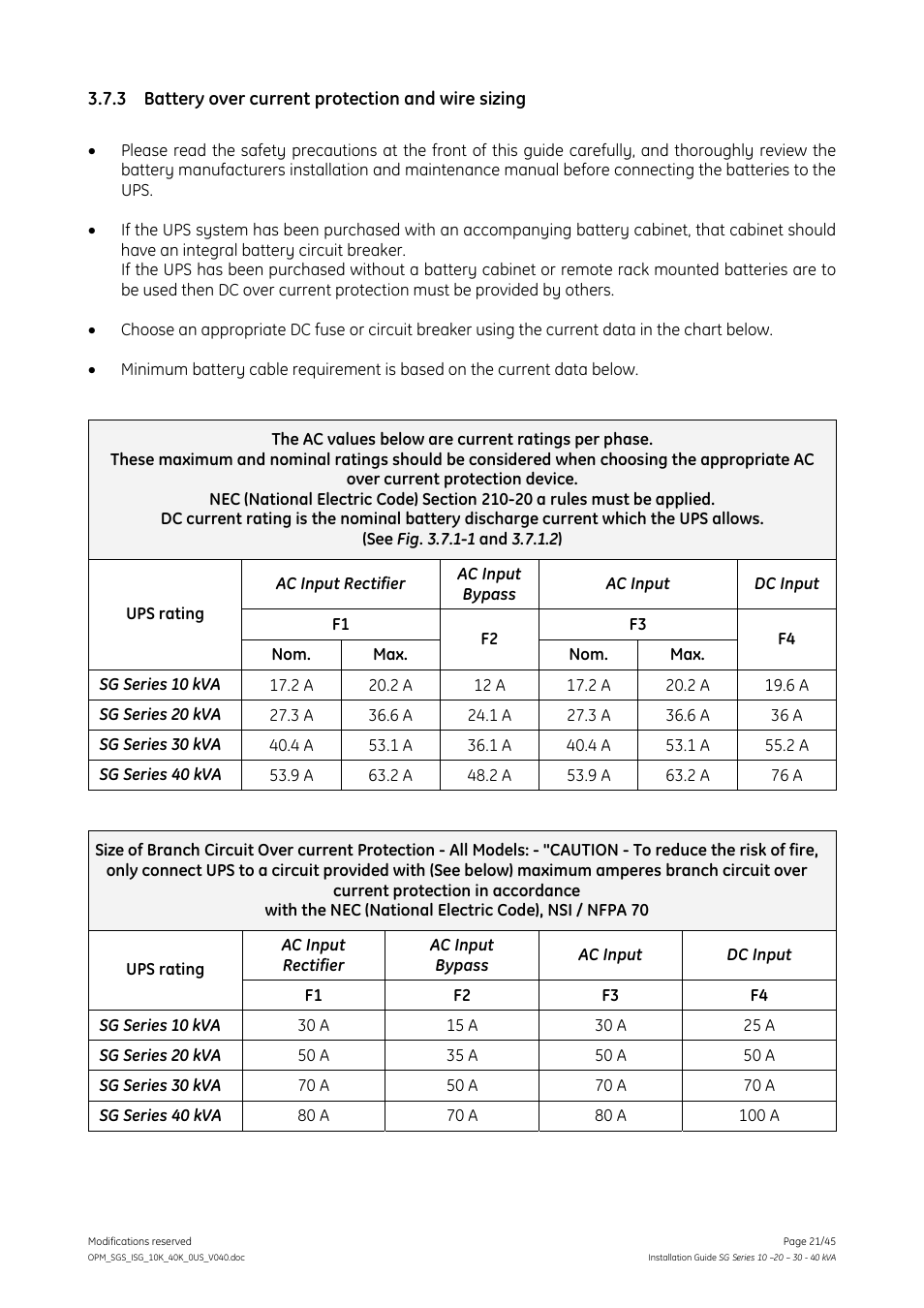 3 battery over current protection and wire sizing, Battery over current protection and wire sizing | GE Industrial Solutions SG Series 10 – 20 – 30 – 40 kVA Installation Guide User Manual | Page 21 / 45