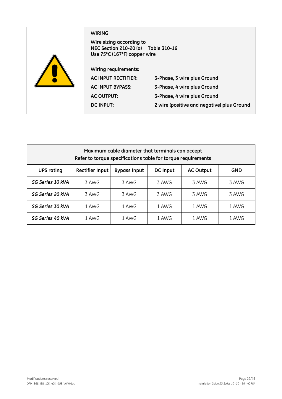 GE Industrial Solutions SG Series 10 – 20 – 30 – 40 kVA Installation Guide User Manual | Page 22 / 45