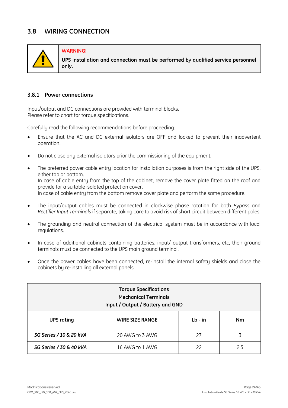 8 wiring connection, 1 power connections, Wiring connection | Power connections | GE Industrial Solutions SG Series 10 – 20 – 30 – 40 kVA Installation Guide User Manual | Page 24 / 45