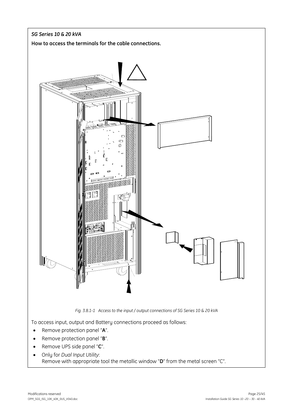 Ac b, Bottom entry cables top entry cables | GE Industrial Solutions SG Series 10 – 20 – 30 – 40 kVA Installation Guide User Manual | Page 25 / 45