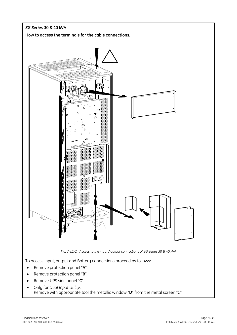 Ab c e, Bottom entry cables top entry cables | GE Industrial Solutions SG Series 10 – 20 – 30 – 40 kVA Installation Guide User Manual | Page 26 / 45