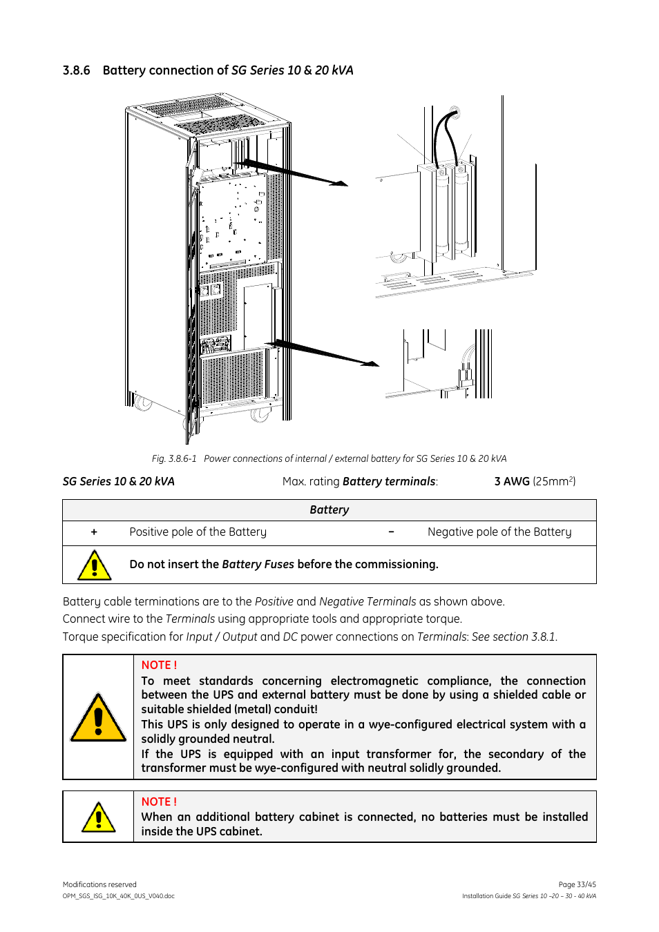 6 battery connection of sg series 10 & 20 kva, Battery connection of sg series 10 & 20 kva | GE Industrial Solutions SG Series 10 – 20 – 30 – 40 kVA Installation Guide User Manual | Page 33 / 45