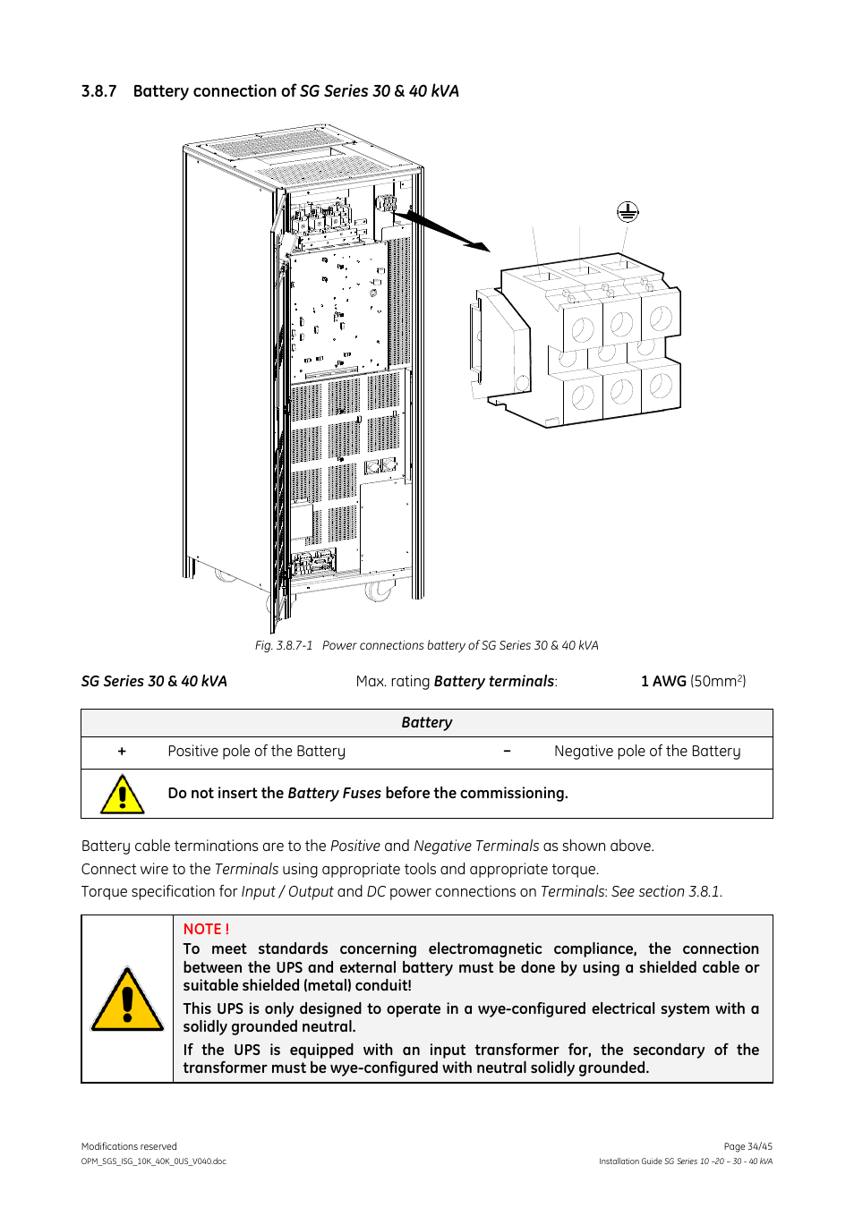 7 battery connection of sg series 30 & 40 kva, Battery connection of sg series 30 & 40 kva, Battery | GE Industrial Solutions SG Series 10 – 20 – 30 – 40 kVA Installation Guide User Manual | Page 34 / 45