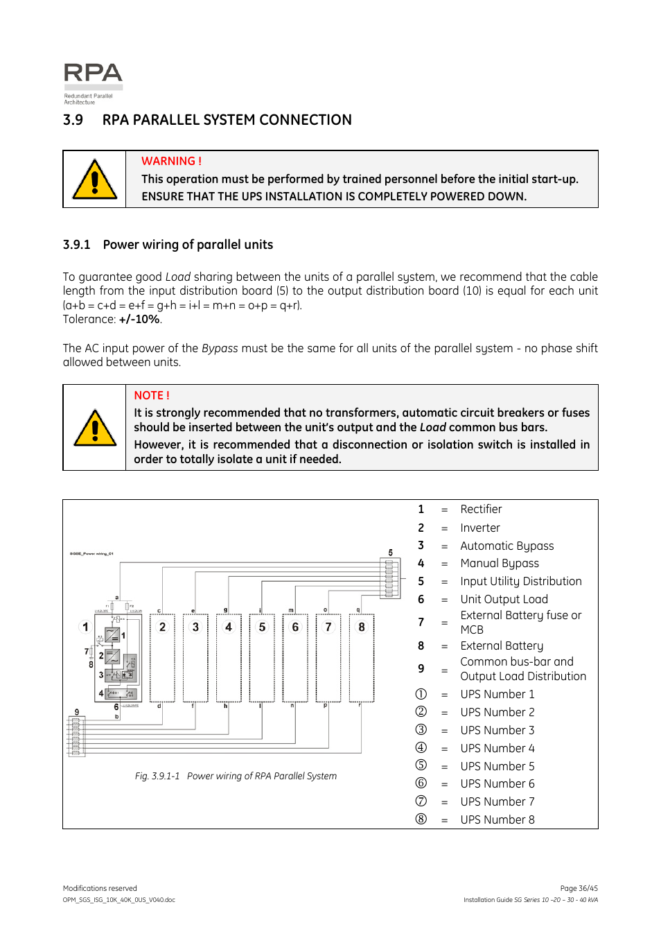 9 rpa parallel system connection, 1 power wiring of parallel units, Rpa parallel system connection | Power wiring of parallel units | GE Industrial Solutions SG Series 10 – 20 – 30 – 40 kVA Installation Guide User Manual | Page 36 / 45