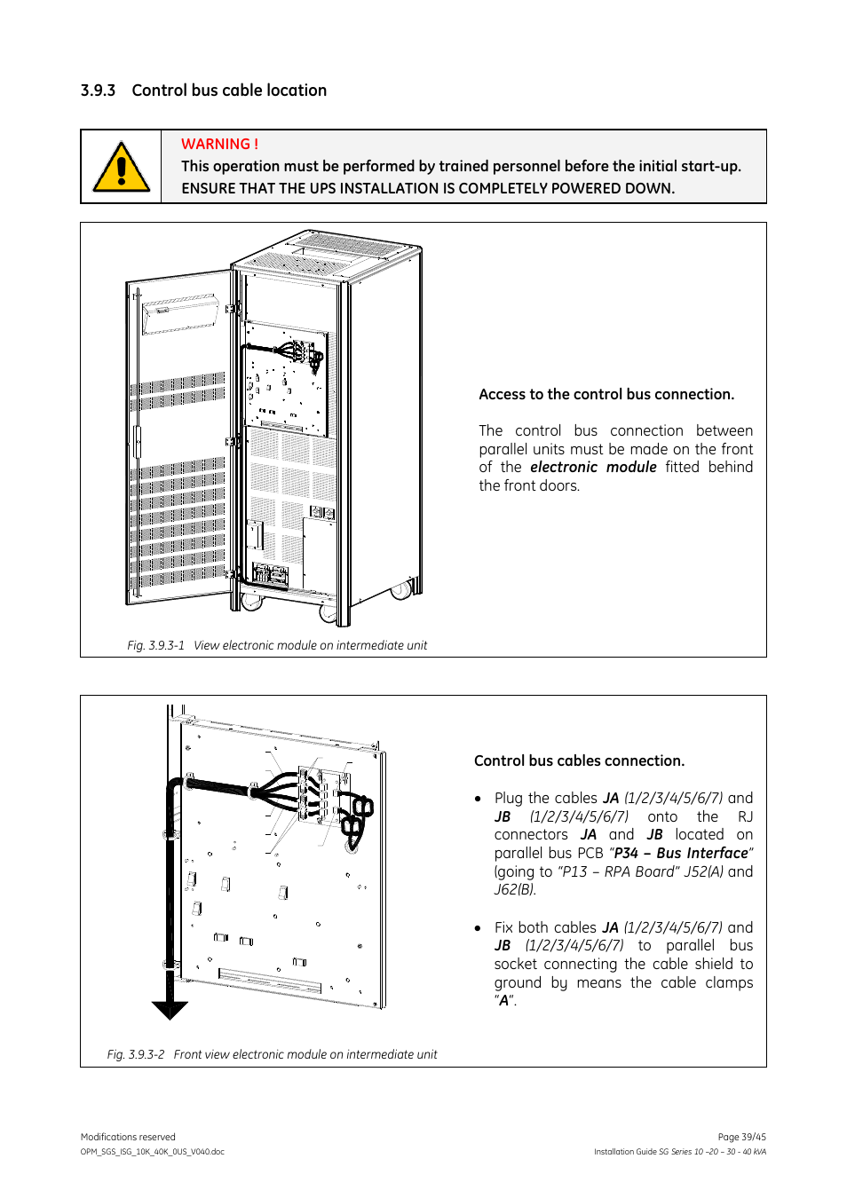 3 control bus cable location, Control bus cable location, Next parallel unit | On off off on | GE Industrial Solutions SG Series 10 – 20 – 30 – 40 kVA Installation Guide User Manual | Page 39 / 45