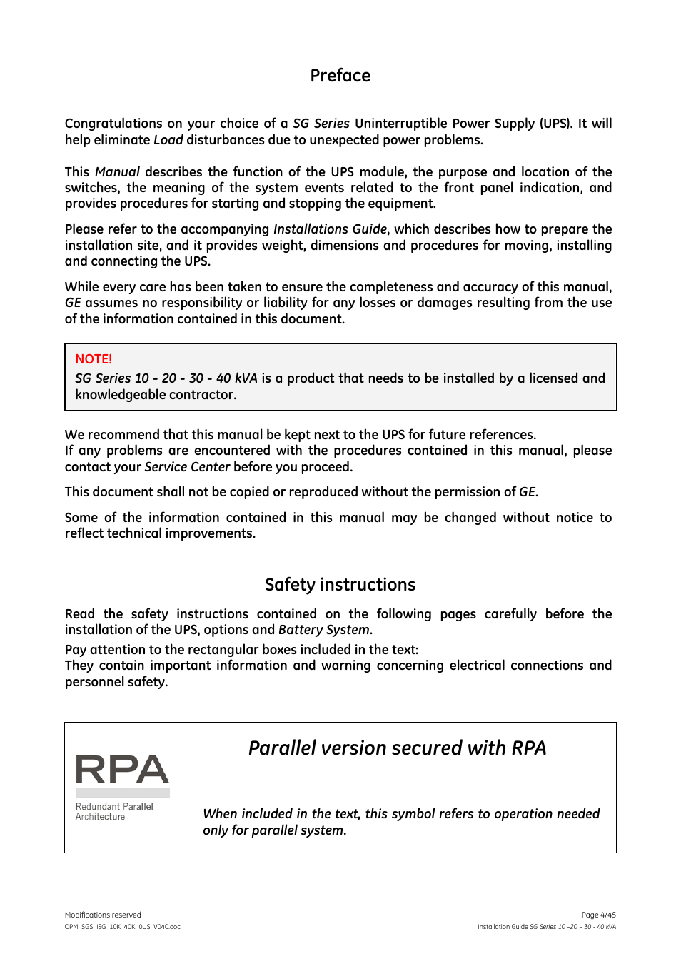 Parallel version secured with rpa, Preface, Safety instructions | GE Industrial Solutions SG Series 10 – 20 – 30 – 40 kVA Installation Guide User Manual | Page 4 / 45