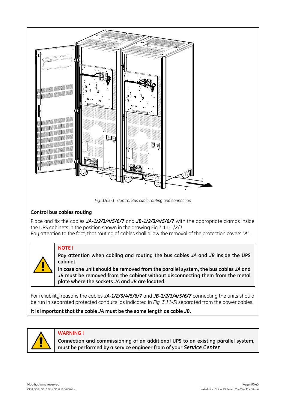 Ups 1, Ups 2, Service center | Control bus cables routing | GE Industrial Solutions SG Series 10 – 20 – 30 – 40 kVA Installation Guide User Manual | Page 40 / 45