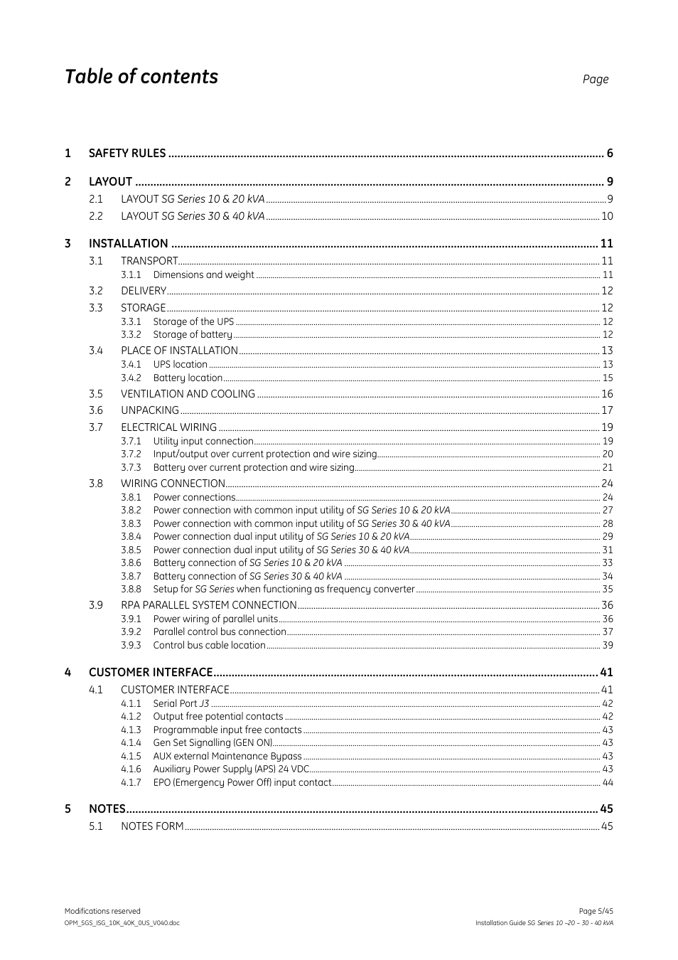 GE Industrial Solutions SG Series 10 – 20 – 30 – 40 kVA Installation Guide User Manual | Page 5 / 45