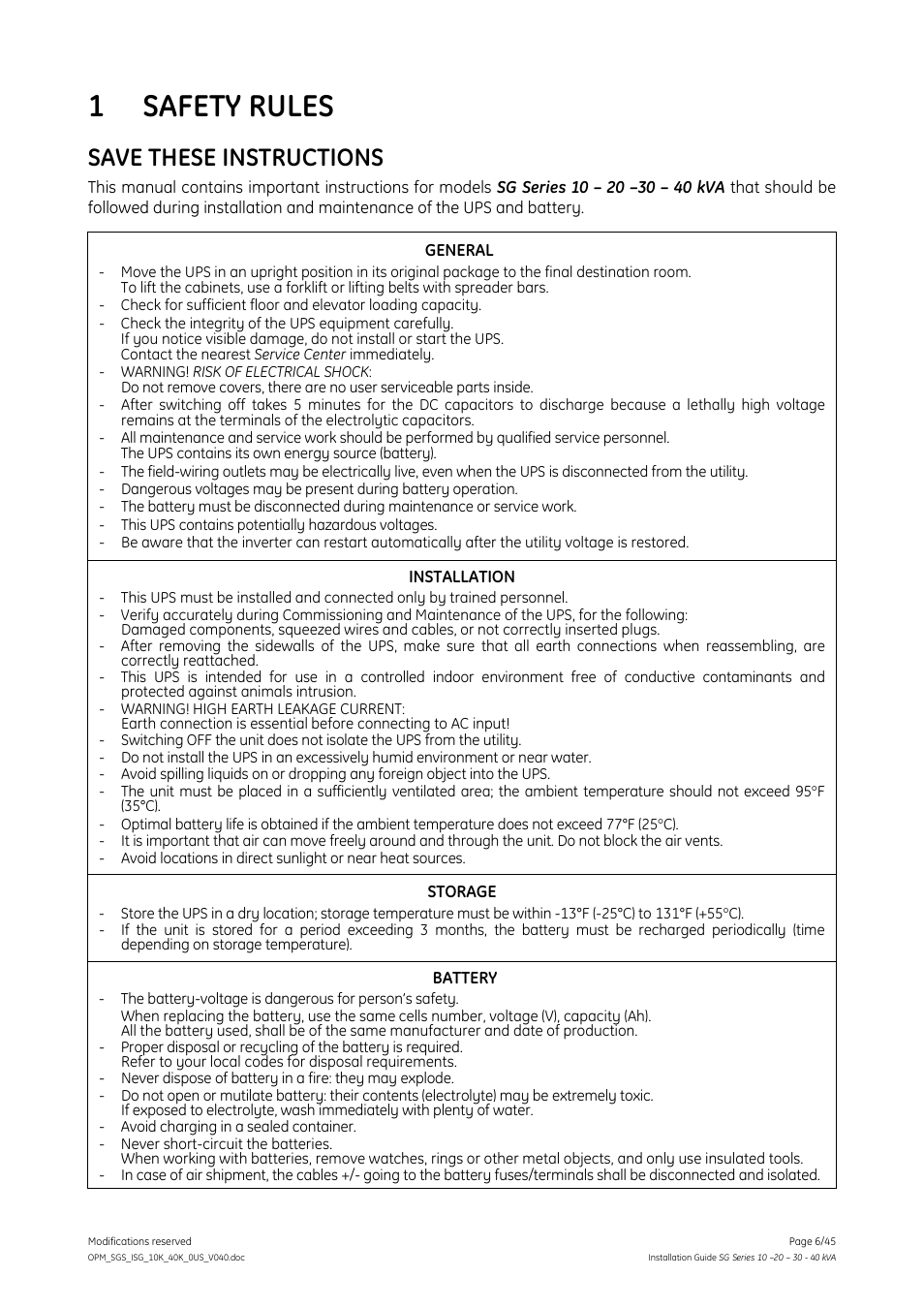 Safety rules, 1 safety rules, Save these instructions | GE Industrial Solutions SG Series 10 – 20 – 30 – 40 kVA Installation Guide User Manual | Page 6 / 45