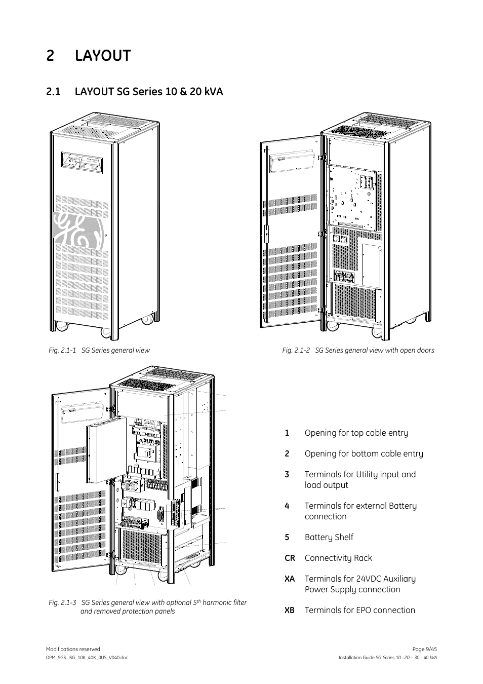2 layout, 1 layout sg series 10 & 20 kva, Layout | Layout sg series 10 & 20 kva | GE Industrial Solutions SG Series 10 – 20 – 30 – 40 kVA Installation Guide User Manual | Page 9 / 45