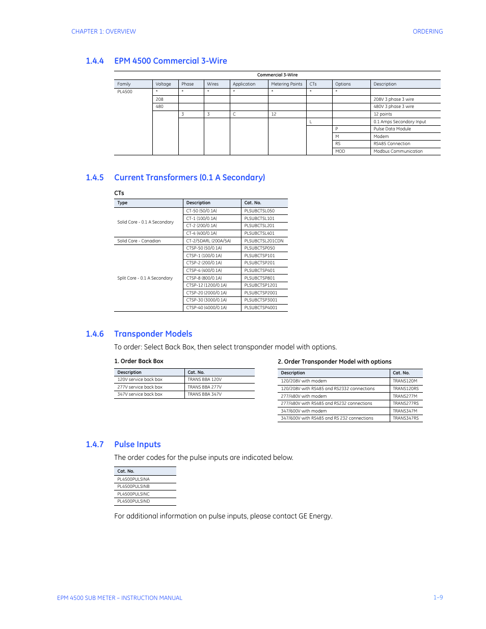 4 current transformers (0.1 a secondary), 5 transponder models, 6 pulse inputs | Urrent, Ransformers, 1 a s, Econdary, Ransponder, Odels, Ulse | GE Industrial Solutions EPM4500 Submeter User Manual | Page 13 / 74