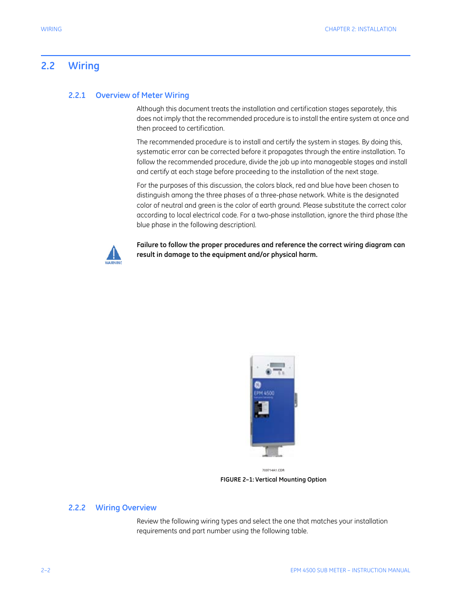 2 wiring, 1 overview of meter wiring, 2 wiring overview | Wiring -2, Verview, Eter, Iring | GE Industrial Solutions EPM4500 Submeter User Manual | Page 16 / 74