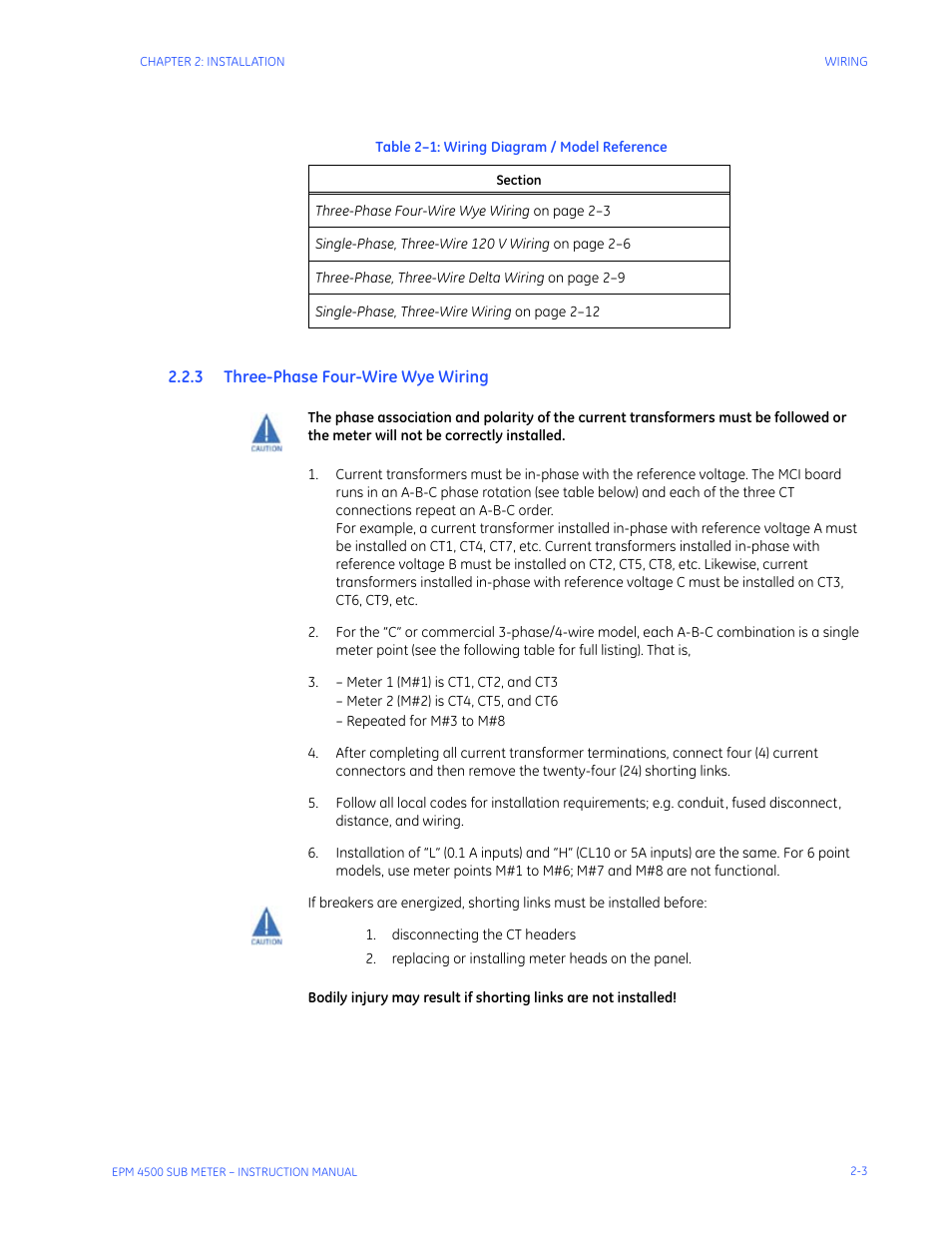 3 three-phase four-wire wye wiring, Hree, Hase | Iring | GE Industrial Solutions EPM4500 Submeter User Manual | Page 17 / 74