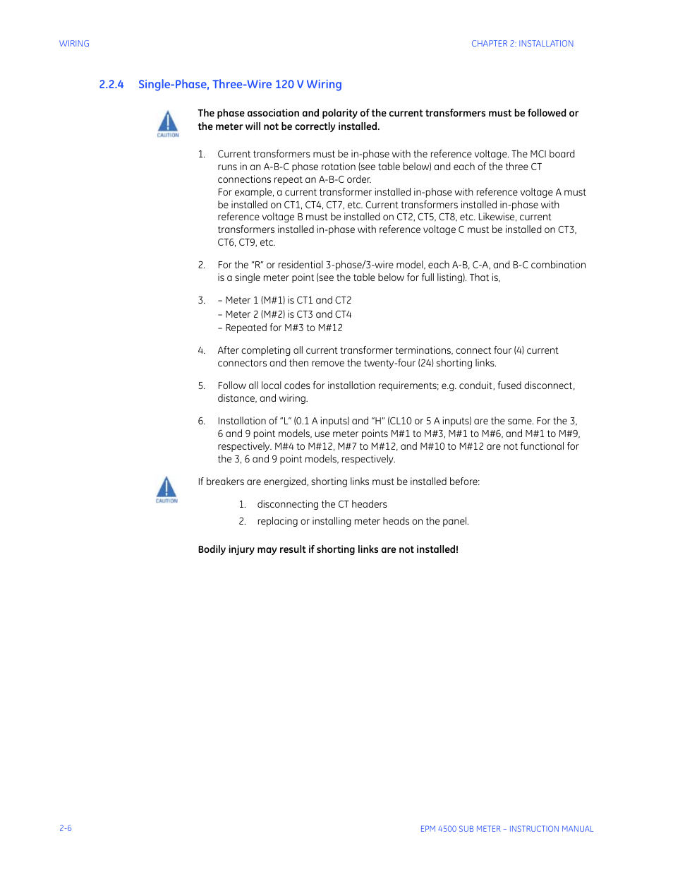 4 single-phase, three-wire 120 v wiring, Ingle, Hase | Hree, 120 v w, Iring | GE Industrial Solutions EPM4500 Submeter User Manual | Page 20 / 74