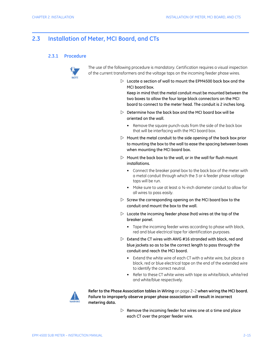 3 installation of meter, mci board, and cts, 1 procedure, Installation of meter, mci board, and cts -15 | Rocedure | GE Industrial Solutions EPM4500 Submeter User Manual | Page 29 / 74