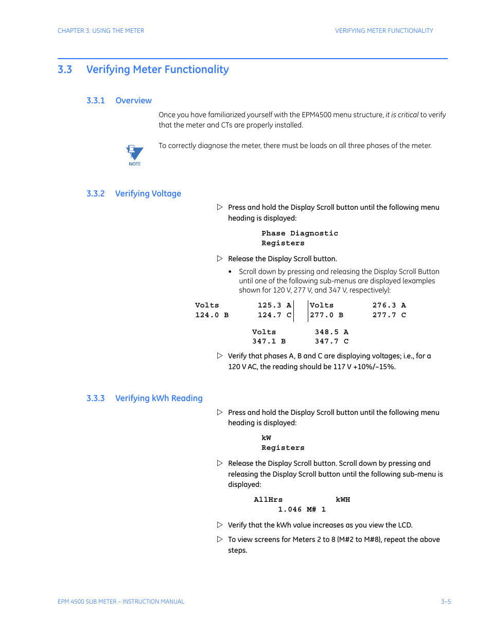 3 verifying meter functionality, 1 overview, 2 verifying voltage | 3 verifying kwh reading, Verifying meter functionality -5, Verview, Erifying, Oltage, Eading | GE Industrial Solutions EPM4500 Submeter User Manual | Page 39 / 74