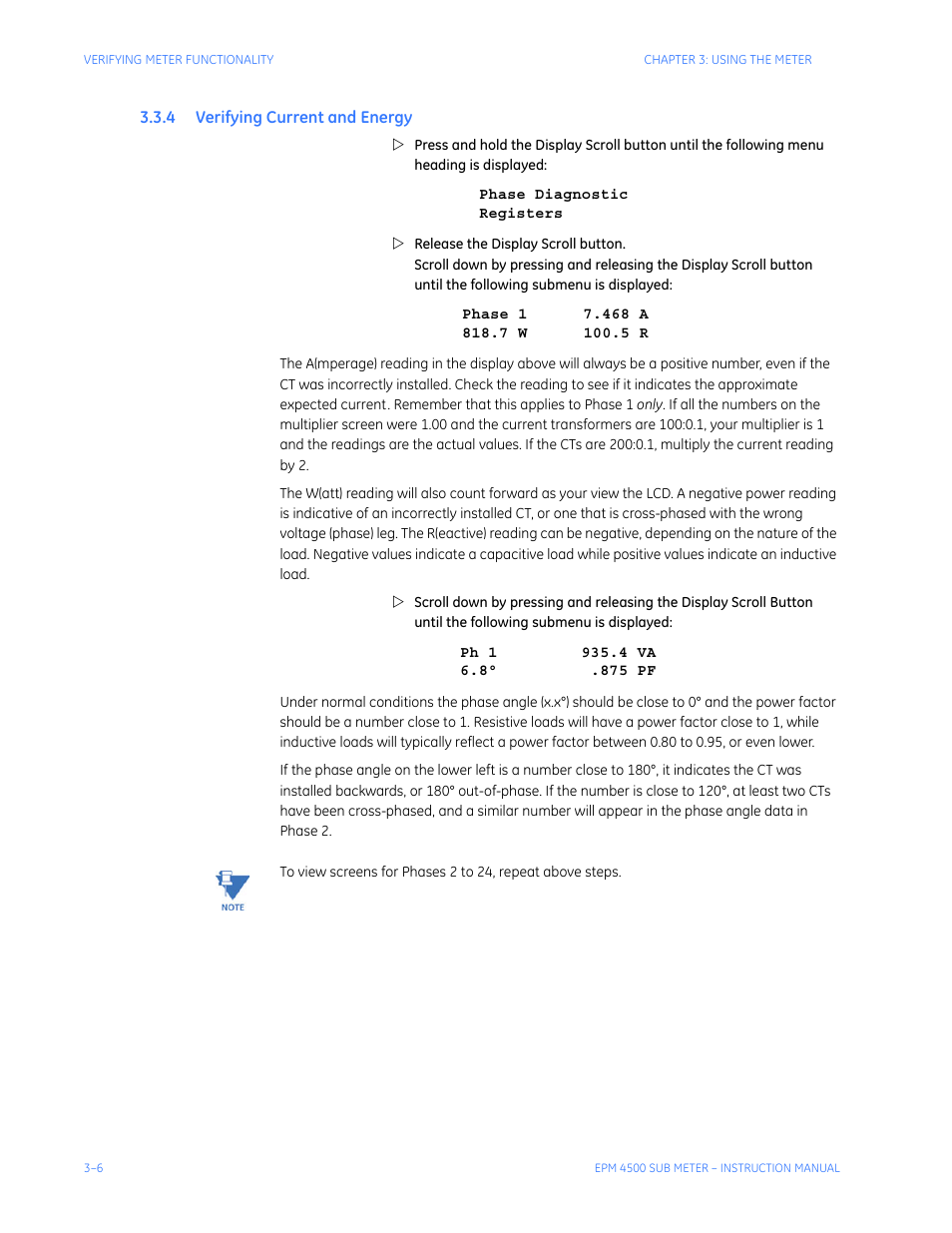 4 verifying current and energy, Erifying, Urrent | Nergy | GE Industrial Solutions EPM4500 Submeter User Manual | Page 40 / 74