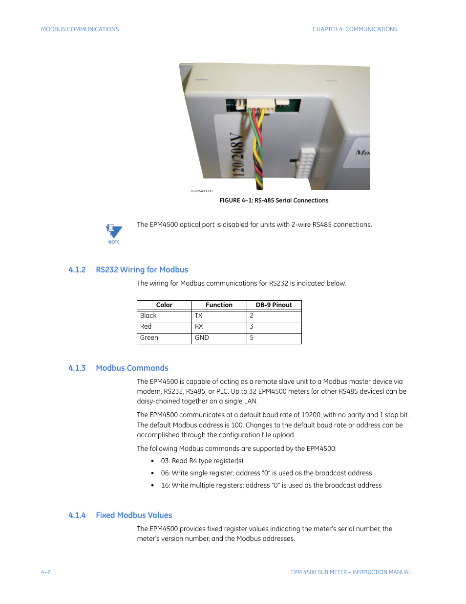 2 rs232 wiring for modbus, 3 modbus commands, 4 fixed modbus values | Rs232 w, Iring, Odbus, Ommands, Ixed, Alues | GE Industrial Solutions EPM4500 Submeter User Manual | Page 44 / 74