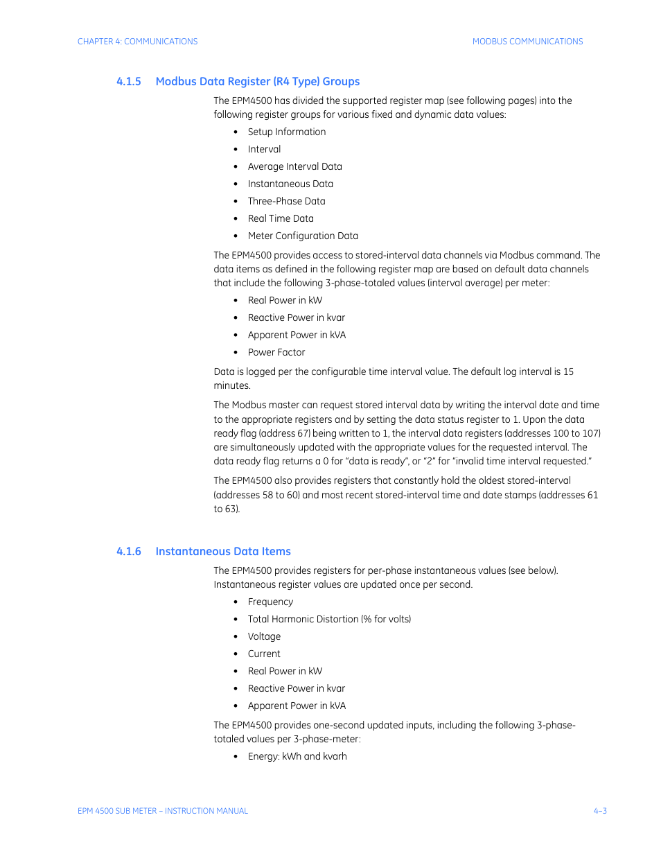 5 modbus data register (r4 type) groups, 6 instantaneous data items, Odbus | Egister, R4 t, Roups, Nstantaneous, Tems | GE Industrial Solutions EPM4500 Submeter User Manual | Page 45 / 74