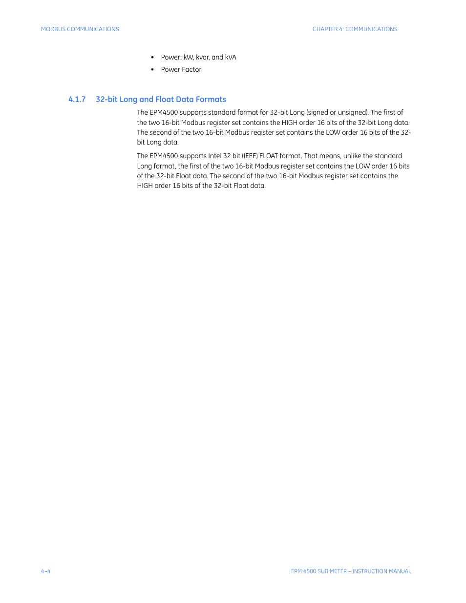 7 32-bit long and float data formats, Loat, Ormats | GE Industrial Solutions EPM4500 Submeter User Manual | Page 46 / 74