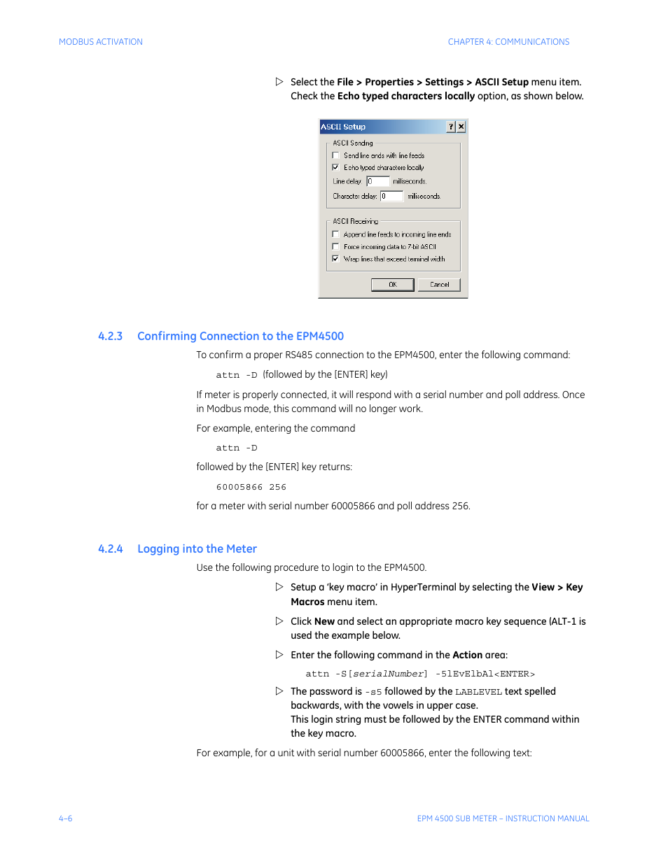 3 confirming connection to the epm4500, 4 logging into the meter, Onfirming | Onnection, Epm4500 -6, Ogging, Into, Eter | GE Industrial Solutions EPM4500 Submeter User Manual | Page 48 / 74