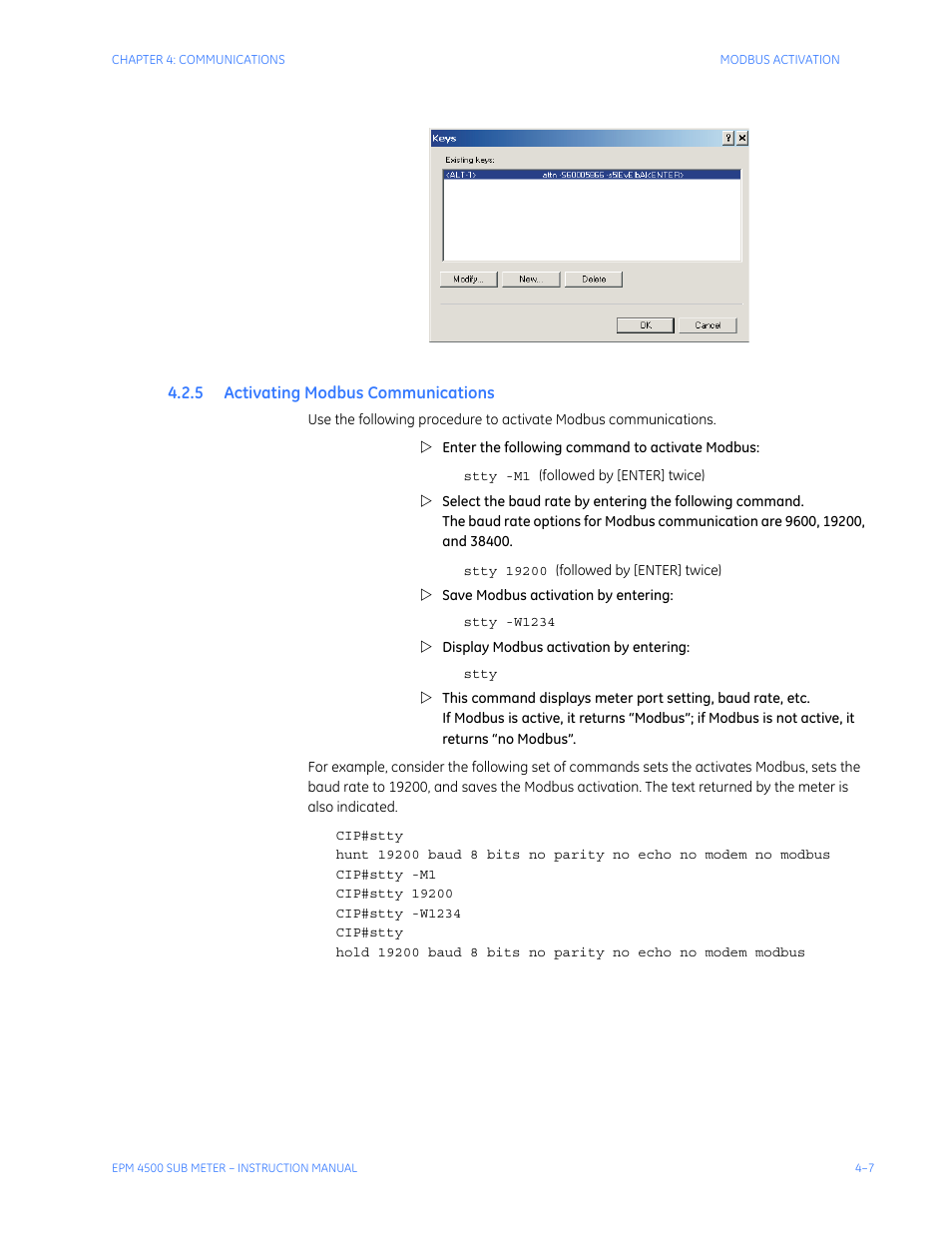 5 activating modbus communications, Ctivating, Odbus | Ommunications | GE Industrial Solutions EPM4500 Submeter User Manual | Page 49 / 74