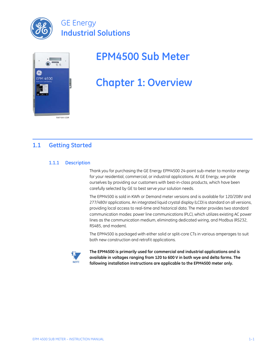 Overview, 1 getting started, 1 description | Getting started -1, Escription, Ge energy industrial solutions | GE Industrial Solutions EPM4500 Submeter User Manual | Page 5 / 74