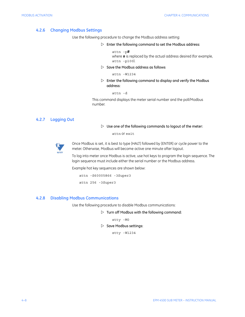 6 changing modbus settings, 7 logging out, 8 disabling modbus communications | Hanging, Odbus, Ettings, Ogging, Isabling, Ommunications | GE Industrial Solutions EPM4500 Submeter User Manual | Page 50 / 74